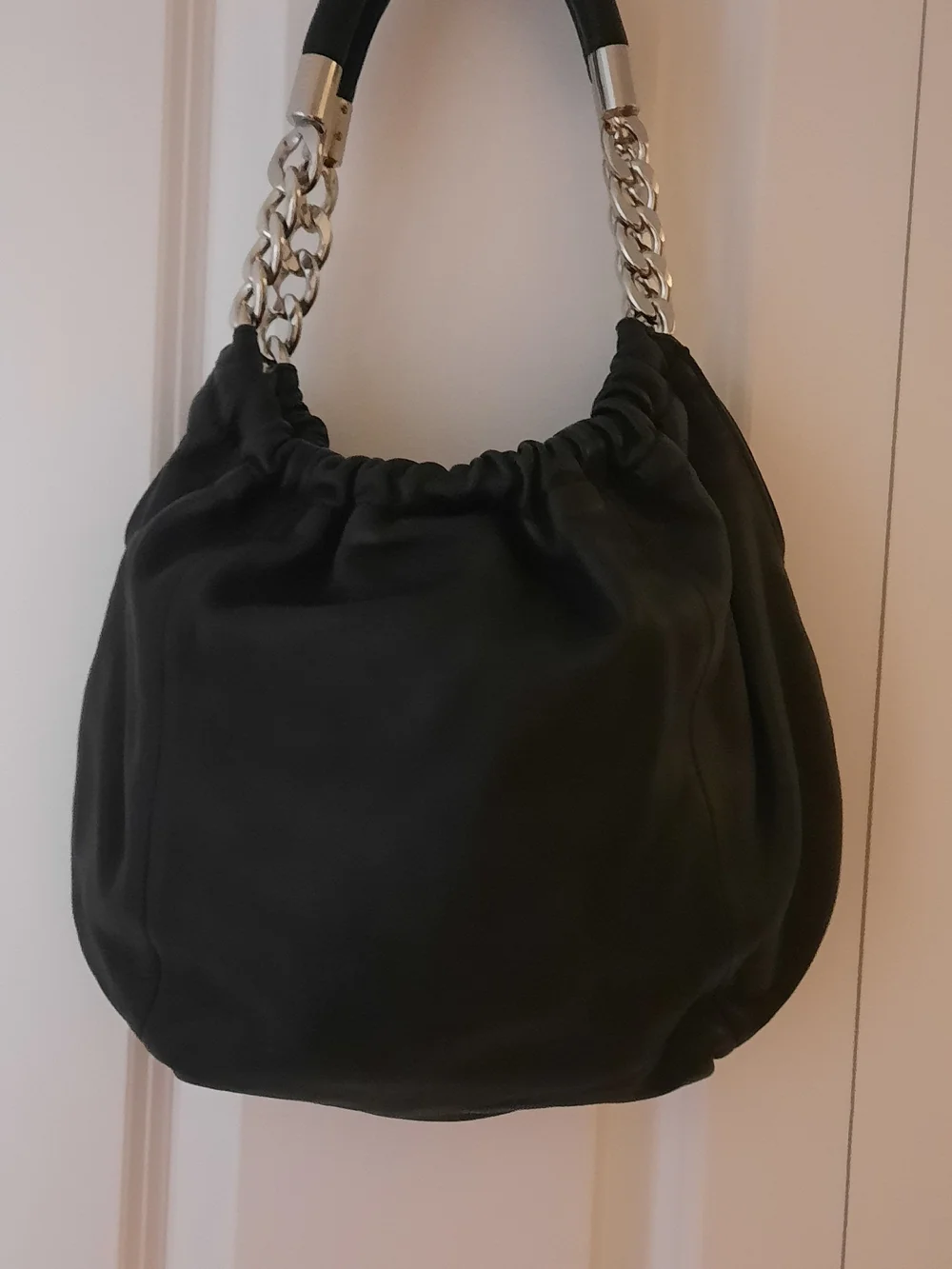 Black Leather Shoulder Bag with Gold Chain Handle